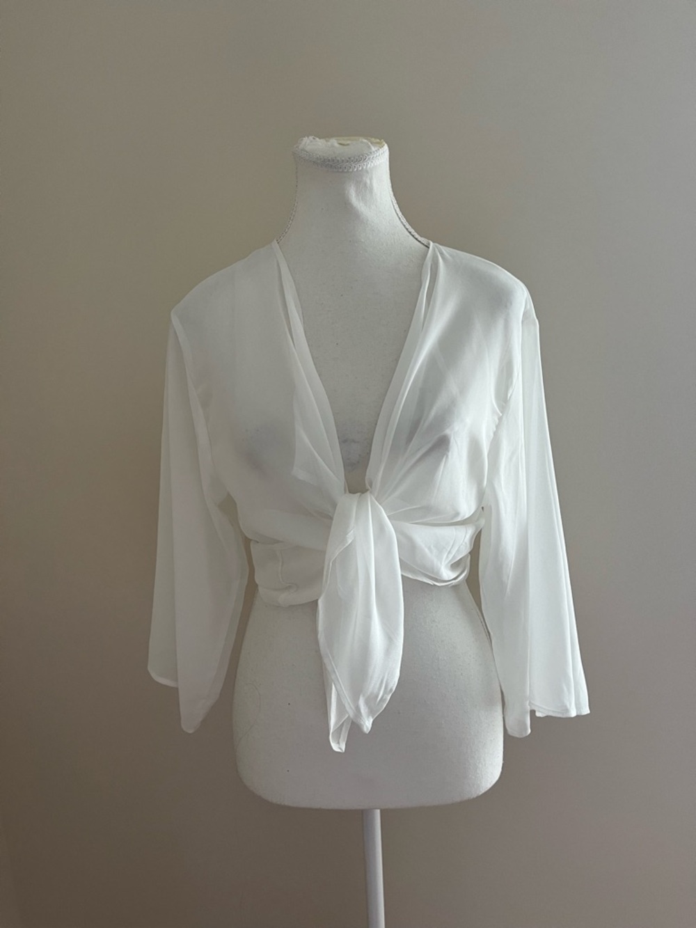 White Tie-Front Sheer Crop Top